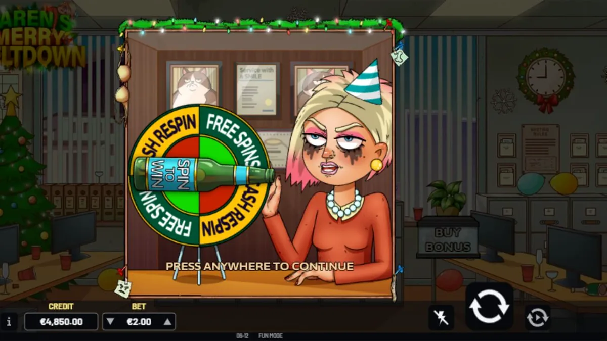 Tampilan visual slot Karen’s Merry Meltdown dengan tema pesta kantor yang kacau
